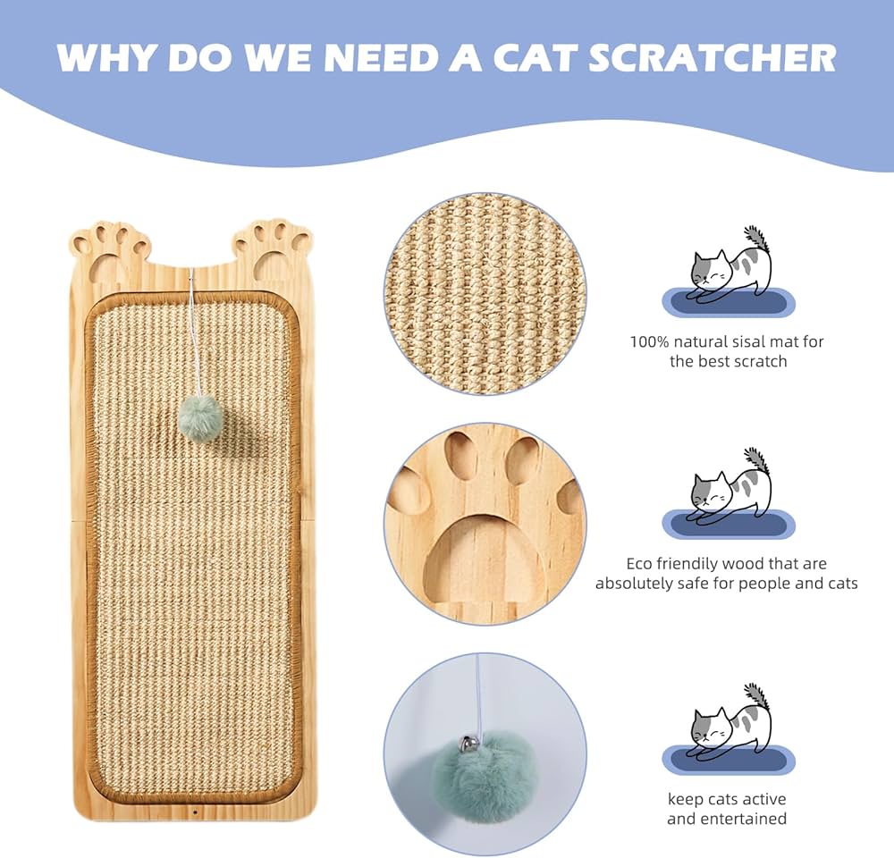 The Purrrfect™ Wallmount – Wooden Cat Scratcher with Sisal Pad & Toy