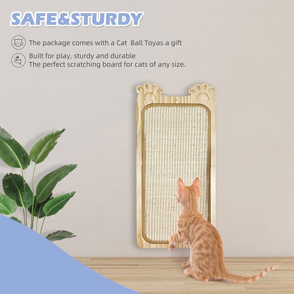 The Purrrfect™ Wallmount – Wooden Cat Scratcher with Sisal Pad & Toy